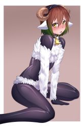 Rule 34 | 1boy, animal ears, bell, black bodysuit, black hairband, blush, bodysuit, brown background, brown hair, collar, commentary, commission, english commentary, fake horns, gradient hair, green hair, hair between eyes, hairband, highres, horns, iwbitu, looking at viewer, male focus, multicolored hair, neck bell, open mouth, original, sheep boy, sheep ears, sheep horns, simple background, solo, trap, yellow eyes