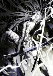 Rule 34 | 1girl, arm tattoo, bandaged chest, bare shoulders, bracelet, braid, breasts, earrings, grey theme, highres, holding, holding sheath, holding sword, holding weapon, jewelry, katana, leg tattoo, long hair, looking back, lucia: crimson weave (punishing: gray raven), mechanical hands, mechanical legs, necklace, punishing: gray raven, purple eyes, sheath, small breasts, solo, sword, tattoo, very long hair, weapon, yoshi (j contrast)