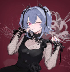 Rule 34 | 1girl, aiko (kanl), black dress, closed mouth, dress, expressionless, finger to mouth, grey hair, hair intakes, hair ribbon, hands up, long sleeves, looking at viewer, nail polish, one eye closed, original, red eyes, ribbon, see-through, see-through sleeves, short hair, sleeveless, sleeveless dress, solo, two side up, upper body
