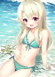 Rule 34 | 1girl, :d, arm support, beach, bikini, blonde hair, blush, breasts, collarbone, day, fate/kaleid liner prisma illya, fate (series), green bikini, hair between eyes, hand on own stomach, highres, illyasviel von einzbern, long hair, looking at viewer, magical ruby, navel, ocean, official alternate costume, open mouth, outdoors, platinum blonde hair, red eyes, side-tie bikini bottom, sitting, small breasts, smile, solo, swimsuit, thighs, tomifumi, wand, wet