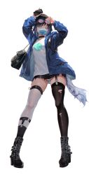 Rule 34 | 1girl, absurdres, adjusting eyewear, alternate costume, arms up, asymmetrical legwear, bag, bbburger, black bag, black choker, black footwear, black headwear, black skirt, black socks, black thighhighs, blue jacket, blue mask, boots, breasts, cellphone, choker, contemporary, contrapposto, cross-laced footwear, eyeliner, eyewear on head, full body, garter straps, genshin impact, gluteal fold, gradient hair, hand on eyewear, handbag, highres, holding, holding phone, jacket, large breasts, legs, long sleeves, makeup, mask, miniskirt, mismatched legwear, mouth mask, multicolored hair, open clothes, open jacket, open mouth, phone, purple eyeliner, see-through, see-through legwear, shirt, short hair, shoulder bag, simple background, single garter strap, single sock, skindentation, skirt, smartphone, socks, socks over thighhighs, solo, standing, surgical mask, tachi-e, thighhighs, thighs, tinted eyewear, torn clothes, torn thighhighs, white background, white shirt, white thighhighs, yelan (genshin impact), zipper, zipper pull tab