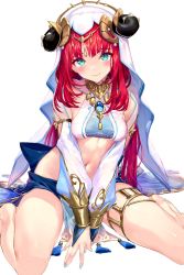 Rule 34 | 1girl, akasaai, aqua eyes, blue nails, blue skirt, blush, breasts, brooch, circlet, closed mouth, clothing cutout, commentary request, crop top, feet out of frame, genshin impact, gold trim, harem outfit, highres, horns, jewelry, long sleeves, looking at viewer, medium breasts, nail polish, navel, neck ring, nilou (genshin impact), parted bangs, puffy long sleeves, puffy sleeves, red hair, sidelocks, simple background, sitting, skirt, smile, solo, stomach, thighlet, thighs, vambraces, veil, wariza, white background, white headwear, white sleeves