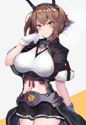 Rule 34 | 1girl, black capelet, black jacket, black skirt, blush, breasts, brown hair, capelet, cleavage, closed mouth, collar, commentary request, cowboy shot, flipped hair, gloves, hair between eyes, headgear, highres, jacket, kantai collection, large breasts, looking at viewer, metal belt, metal collar, midriff, miniskirt, mutsu (kancolle), mutsu kai ni (kancolle), navel, ninoude (ninoude44), pleated skirt, red legwear, short hair, simple background, skindentation, skirt, smile, solo, striped clothes, striped skirt, upper body, white background, white gloves, yellow eyes