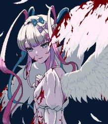 Rule 34 | 1girl, angel wings, blood, blood in hair, blood on clothes, blood on face, bloody wings, blue eyes, blue hair, bow, chouzetsusaikawa tenshi-chan, dress, eencya, expressionless, feathered wings, feathers, gradient hair, hair bow, long hair, multicolored hair, multiple hair bows, needy girl overdose, pink hair, pixel art, quad tails, sidelocks, simple background, solo, upper body, very long hair, white dress, white hair, wings