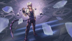 Rule 34 | 1boy, add (elsword), black pants, boots, clenched hand, cropped jacket, elsword, eyepatch, fingerless gloves, full body, gloves, highres, knee boots, male focus, pants, purple background, redclow, shirt, smile, solo, standing, time tracer (elsword), white hair