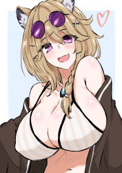 Rule 34 | 1girl, :d, absurdres, animal ear fluff, animal ears, arknights, bare shoulders, bikini, black shirt, blue background, blush, border, braid, breasts, brown hair, cleavage, collarbone, eyewear on head, fang, heart, highres, huge breasts, long hair, looking at viewer, maiq06, navel, official alternate costume, open clothes, open mouth, open shirt, outside border, purple-tinted eyewear, purple eyes, shirt, side braid, simple background, skin fang, smile, solo, strap gap, striped clothes, striped shirt, sunglasses, swimsuit, tinted eyewear, upper body, utage (arknights), utage (summer flowers) (arknights), vertical-striped clothes, vertical-striped shirt, white bikini, white border