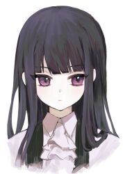 Rule 34 | 1girl, absurdres, ascot, black hair, blunt bangs, closed mouth, collared shirt, commentary request, expressionless, highres, hime cut, inu x boku ss, long hair, looking to the side, purple eyes, shirakiin ririchiyo, shirt, simple background, solo, upper body, white ascot, white background, white shirt, yagiusagi