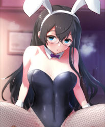 Rule 34 | 1girl, animal ears, black hair, black leotard, bow, bowtie, breasts, breath, commentary request, cowboy shot, fishnet pantyhose, fishnets, green eyes, hhh (wave), kantai collection, leotard, long hair, looking at viewer, ooyodo (kancolle), out-of-frame censoring, pantyhose, playboy bunny, purple bow, purple bowtie, rabbit ears, semi-rimless eyewear, small breasts, solo, spread legs, under-rim eyewear