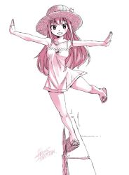 Rule 34 | 1girl, bare shoulders, breasts, collarbone, dress, fairy tail, full body, hair between eyes, hat, long hair, looking at viewer, mashima hiro, medium breasts, monochrome, official art, outstretched arms, sandals, sleeveless, smile, solo, standing, standing on one leg, straw hat, teeth, wendy marvell