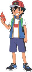 Rule 34 | 1boy, ash ketchum, black hair, blue vest, brown eyes, clenched hand, creatures (company), full body, game freak, gen 4 pokemon, grey shorts, grin, hand up, hat, highres, holding, holding phone, male focus, nintendo, official art, open clothes, open vest, phone, pokemon, pokemon (anime), pokemon journeys, rotom, rotom phone, shirt, shoes, short hair, short sleeves, shorts, smile, solo, standing, t-shirt, teeth, transparent background, vest, white shirt