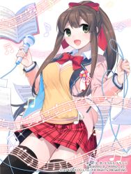 Rule 34 | 1girl, :d, bad id, bad pixiv id, beamed quavers, bow, brown hair, donacoo, green eyes, hair bow, hair ribbon, hen-shin-shou-jo metamol maiden, holding, long hair, looking at viewer, microphone, musical note, official art, open mouth, original, plaid, plaid skirt, pleated skirt, ponytail, quaver, ribbon, school uniform, sheet music, simple background, skirt, smile, solo, staff (music), white background, yuuhi homare