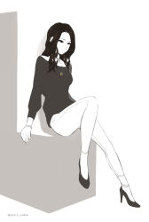 Rule 34 | 1girl, absurdres, anklet, bracelet, cross, high heels, highres, jewelry, long hair, monochrome, necklace, original, outstretched leg, pants, poaro, simple background, sitting, solo, spot color, twitter username
