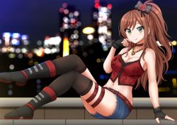 Rule 34 | 1girl, :q, bang dream!, bare shoulders, belt, belt buckle, belt collar, black bow, black footwear, black gloves, black thighhighs, blue shorts, blurry, blurry background, blush, boots, bow, breasts, brown belt, brown collar, brown hair, buckle, camisole, chain, cleavage, closed mouth, collar, collarbone, commentary, cutoffs, denim, denim shorts, depth of field, earrings, fingernails, gloves, green eyes, hair between eyes, hair bow, hand up, heart pendant, highres, hoop earrings, imai lisa, jewelry, kazenokaze, keyhole, large breasts, long hair, looking at viewer, midriff, nail polish, navel, night, night sky, one side up, outdoors, pink nails, red camisole, short shorts, shorts, sitting, sky, smile, solo, thighhighs, tongue, tongue out, very long hair