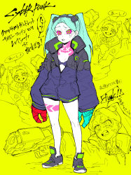 Rule 34 | 1girl, abonnu (adooonnu), artificial eyes, black bra, black footwear, black jacket, blue jacket, bra, clenched hands, colored sclera, colored skin, cyberpunk (series), cyberpunk edgerunners, green eyes, green hair, grey skin, hair behind ear, highres, jacket, mechanical hands, multicolored clothes, multicolored jacket, multiple views, neck tattoo, parted lips, rebecca (cyberpunk), red sclera, samurai jacket (cyberpunk), shoes, sketch, sneakers, speech bubble, tattoo, translation request, twintails, two-tone jacket, underwear, v-shaped eyebrows, yellow background