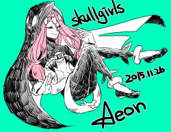 Rule 34 | 1girl, aeon (skullgirls), character name, copyright name, closed eyes, green background, hood, hourglass, kyouhei hei, pink hair, skullgirls, smile, solo, spot color, tiara, twintails