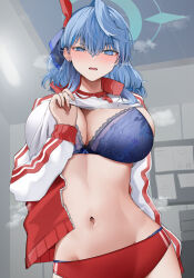 Rule 34 | 1girl, absurdres, ako (blue archive), blue archive, blue bra, blue eyes, blue hair, blue panties, bra, breasts, buruma, cleavage, clothes lift, commentary request, gym shirt, gym uniform, hair between eyes, hairband, halo, highres, indoors, large breasts, lifted by self, long hair, long sleeves, looking at viewer, navel, official alternate costume, panties, red buruma, san (harutuki 3), shirt, shirt lift, sidelocks, solo, stomach, underwear, undressing