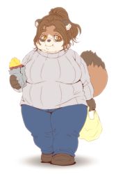 Rule 34 | 1girl, artist request, breasts, brown eyes, brown hair, copyright request, eating, female focus, full body, furry, furry female, ponytail, raccoon, solo, white background