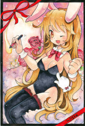 Rule 34 | 1girl, animal ears, bare shoulders, blonde hair, blush, bow, breasts, cleavage, fake animal ears, leotard, long hair, mosho, one eye closed, original, playboy bunny, rabbit ears, sitting, solo, tail, thighhighs, traditional media, wink