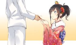 Rule 34 | 10s, 1boy, 1girl, admiral (kancolle), alternate costume, alternate hairstyle, animal, animal on head, asashio (kancolle), bird, black hair, blue eyes, blush, chick, commentary request, floral print, flower, fur-trimmed kimono, fur trim, hair flower, hair ornament, hair up, japanese clothes, kantai collection, kimono, long sleeves, new year, obi, on head, otoshidama, out of frame, ponytail, sash, satsumi, sidelocks, solo focus, wide sleeves