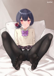 Rule 34 | 1girl, bed, bed sheet, black hair, black pantyhose, bow, bowtie, cameltoe, clothes lift, diagonal-striped bow, diagonal-striped bowtie, diagonal-striped clothes, eluthel, feet, foot focus, foreshortening, hair bow, highres, idolmaster, idolmaster shiny colors, morino rinze, panties, panties under pantyhose, pantyhose, pantyshot, pillow, red bow, school uniform, shirt, skirt, skirt lift, spread legs, spread toes, striped clothes, sweater, toes, twitter username, underwear, v-neck, white panties, white shirt
