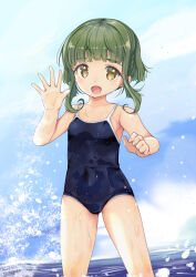 Rule 34 | 1girl, blue one-piece swimsuit, blunt bangs, bob cut, braid, breasts, brown eyes, competition school swimsuit, feet out of frame, green hair, highres, horizon, kantai collection, one-piece swimsuit, school swimsuit, short hair, sidelocks, small breasts, solo, standing, swimsuit, takanami (kancolle), thick eyebrows, water, waving, wet, wet clothes, wet swimsuit, yashin (yasinz)