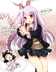 Rule 34 | 2girls, animal ears, bad id, bad pixiv id, blazer, brown hair, bug, butterfly, dress, female focus, hair ornament, hairclip, inaba tewi, insect, jacket, long hair, morogami ryou, multiple girls, necktie, pleated skirt, purple hair, rabbit ears, rabbit girl, rabbit tail, red eyes, red necktie, reisen udongein inaba, school uniform, skirt, smile, sweater, tail, touhou