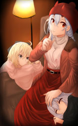 Rule 34 | 3girls, absurdres, bad id, bad pixiv id, black bow, blonde hair, bow, brown coat, coat, commentary request, eto mitsuba, closed eyes, fate/grand order, fate (series), finger to mouth, grey eyes, hair between eyes, hair bow, highres, horns, jack the ripper (fate/apocrypha), japanese clothes, kimono, lap pillow, long hair, long skirt, looking at viewer, multiple girls, okita souji (fate), okita souji (koha-ace), oni horns, open clothes, open coat, pink kimono, red eyes, red hair, red skirt, short hair, silver hair, sitting, skirt, sleeping, smile, sweater, tomoe gozen (fate), turtleneck, turtleneck sweater, white sweater