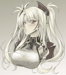 Rule 34 | 1girl, azur lane, breasts, commentary request, eyes visible through hair, gekato, grey background, greyscale, headgear, highres, large breasts, long hair, monochrome, multicolored hair, partial commentary, prinz eugen (azur lane), red eyes, sideways glance, simple background, solo, streaked hair, two-tone hair, upper body