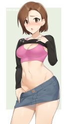 Rule 34 | 1girl, absurdres, blush, bra, breasts, brown eyes, brown hair, cleavage, clothes lift, clothes pull, commentary request, cowboy shot, dated, earrings, groin, highres, idolmaster, idolmaster cinderella girls, jewelry, long sleeves, medium breasts, mizuki seira, navel, onao, open mouth, pink bra, short hair, short shorts, shorts, solo, sports bra, stud earrings, underwear, undressing