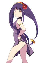 Rule 34 | 1girl, alternate costume, armlet, bad id, bad pixiv id, black hair, blunt bangs, blush, breasts, brown eyes, china dress, chinese clothes, dress, flower, hair flower, hair ornament, hairband, hand on own hip, long hair, looking at viewer, looking to the side, low-tied long hair, mega man (series), mega man star force, mega man star force 3, miyata (lhr), purple hair, queen tia (mega man), side slit, simple background, small breasts, solo, white background