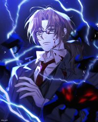 Rule 34 | 1boy, absurdres, black coat, black vest, blood, blood on face, blue theme, brown eyes, brown hair, coat, collared shirt, e.g.o (project moon), electricity, facial hair, glasses, gregor (project moon), hand up, highres, limbus company, limc gil41, long sleeves, looking at viewer, necktie, project moon, red necktie, shirt, shock centipede (project moon), solo, stubble, upper body, vest, white shirt, wing collar