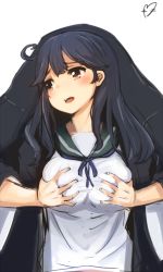Rule 34 | 10s, 1girl, ahoge, black hair, grabbing another&#039;s breast, brown eyes, grabbing, grabbing from behind, kantai collection, long hair, looking away, momo (higanbana and girl), open mouth, school uniform, serafuku, signature, sketch, solo, solo focus, upper body, ushio (kancolle), white background