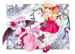 Rule 34 | 2girls, absurdres, aho murasaki, ascot, bat wings, blonde hair, crystal wings, flandre scarlet, full body, hat, highres, looking at viewer, mary janes, medium hair, mob cap, multiple girls, open mouth, purple eyes, red ascot, red eyes, red ribbon, remilia scarlet, ribbon, shoes, siblings, side ponytail, touhou, twins, wings, wrist cuffs