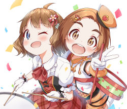 Rule 34 | 2girls, ahoge, blouse, blue eyes, blush, bow, bowtie, brown hair, collared shirt, commentary request, confetti, denim, dress, drum, drumsticks, gloves, hair ornament, hairclip, hat, head tilt, idolmaster, idolmaster cinderella girls, idolmaster million live!, instrument, jeans, kneehighs, looking at viewer, multiple girls, one eye closed, open mouth, pants, plaid, plaid dress, red dress, ryuzaki kaoru, shirt, short sleeves, sleeveless, sleeveless shirt, socks, suou momoko, toma (shinozaki), white background, white legwear, yellow eyes