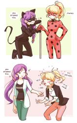 Rule 34 | 2girls, 2koma, :/, ;d, adrien agreste, alternate hairstyle, animal ears, ayase eli, black bodysuit, blush, blush stickers, bodysuit, braid, buckle, cat ears, chat noir, chat noir (cosplay), comic, commentary, cosplay, crazy eyes, cropped legs, crossover, earrings, english text, expressionless, flirting, food, friedbun, grin, heart, highres, jewelry, ladybug (character), ladybug (character) (cosplay), long hair, love live!, love live! school idol project, low-tied long hair, marinette dupain-cheng, mechanical pencil, miraculous ladybug, motion lines, multiple girls, multiple persona, one eye closed, open mouth, parted lips, pencil, pole, ponytail, role reversal, sandwich, scrunchie, single braid, smile, sparkling eyes, standing, stitched, stud earrings, superhero costume, sweatdrop, teeth, third-party edit, tojo nozomi, tsundere, twintails, wink, yuri