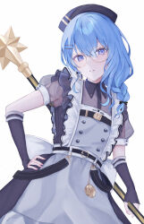 Rule 34 | 1girl, absurdres, apron, black dress, black gloves, blue eyes, blue hair, braid, commentary, contrapposto, cowboy shot, dress, fingerless gloves, frilled apron, frills, glasses, gloves, grey apron, hair over shoulder, hand on own hip, hat, highres, holding, holding weapon, hololive, hoshimachi suisei, hoshimachi suisei (maid), looking at viewer, maid, medium hair, nolc, nurse cap, official alternate costume, official alternate hairstyle, parted lips, puffy short sleeves, puffy sleeves, see-through, see-through sleeves, short sleeves, side braid, simple background, single braid, solo, star (symbol), star in eye, symbol in eye, virtual youtuber, weapon, white background