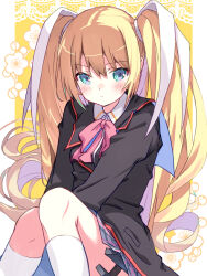 1girl :/ akayama_yukihe black_jacket blonde_hair blue_eyes blush bow closed_mouth collared_shirt commentary eyes_visible_through_hair frown grey_skirt hair_between_eyes hair_ribbon highres holster jacket kneehighs little_busters! little_busters!_school_uniform long_hair long_ribbon long_sleeves looking_at_viewer miniskirt pink_bow plaid_clothes plaid_skirt pleated_skirt ribbon school_uniform shirt simple_background sitting skirt socks solo tareme thigh_holster tokido_saya twintails v-shaped_eyebrows v_arms very_long_hair white_ribbon white_shirt white_socks yellow_background