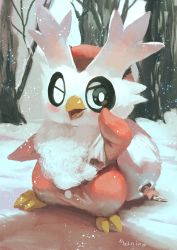 Rule 34 | animal focus, bad id, bad pixiv id, bag, bare tree, black eyes, bright pupils, christmas, commentary request, creatures (company), delibird, game freak, gen 2 pokemon, gen 3 pokemon, hand up, highres, looking at viewer, manino (mofuritaionaka), nintendo, no humans, one eye closed, pokemon, pokemon (creature), sack, signature, smile, snow, snowing, solo, star (symbol), tree