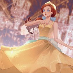 Rule 34 | 1girl, :o, anastasia (1997), anastasia (shadow hearts), ballroom, bare shoulders, blue bow, blue eyes, blurry, bokeh, bow, breasts, brown hair, cleavage, crown, dancing, depth of field, disney, dress, earrings, formal, gold dress, gown, hand on own chest, highres, jewelry, long hair, long sleeves, medium breasts, music, necklace, okitafuji, open mouth, pearl earrings, pearl necklace, ponytail, see-through, see-through sleeves, singing, solo, sparkle, sweetheart neckline, teeth, upper teeth only, waist bow, yellow dress