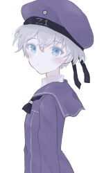Rule 34 | 1girl, blue dress, blue eyes, blue sailor collar, blush, clothes writing, dot mouth, dress, grey hair, hat, highres, kantai collection, long sleeves, looking at viewer, sailor collar, sailor dress, sailor hat, short hair, simple background, solo, suihell, upper body, white background, z1 leberecht maass (kancolle)
