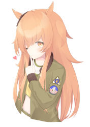 Rule 34 | 1girl, ;), absurdres, animal ears, black ribbon, blush, bow, brown hair, closed mouth, commentary request, crop top, cropped torso, ear ribbon, f-14 tomcat logo, green jacket, hair between eyes, heart, highres, horse ears, jacket, long hair, looking at viewer, mayano top gun (umamusume), one eye closed, open clothes, open jacket, ribbon, roido (taniko-t-1218), shirt, simple background, smile, solo, two side up, umamusume, upper body, very long hair, white background, yellow shirt