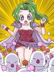 Rule 34 | 1girl, :o, armor, bracelet, breasts, cape, cleavage, commentary request, covered navel, dress, final fantasy, final fantasy vi, fukuro (fxxk law), green hair, jewelry, medium breasts, moogle, open mouth, ponytail, purple cape, purple dress, purple eyes, short dress, shoulder armor, strapless, strapless dress, tina branford, tube dress