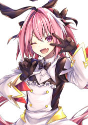 Rule 34 | 1boy, astolfo (fate), astolfo (saber) (fate), astolfo (saber) (third ascension) (fate), black bow, black bowtie, black ribbon, blush, bow, bowtie, dress, fang, fate/grand order, fate (series), guribato, hair between eyes, hair bow, hair intakes, hair ribbon, highres, long hair, long sleeves, looking at viewer, male focus, multicolored hair, one eye closed, open mouth, pink hair, purple eyes, ribbon, simple background, smile, solo, streaked hair, trap, twintails, w, white background, white hair