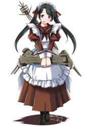 Rule 34 | 10s, 1girl, adapted costume, aircraft catapult, alternate costume, apron, black hair, boots, cannon, cross-laced footwear, enmaided, flight deck, hair ribbon, kantai collection, long hair, machinery, maid, maid apron, maid headdress, mikuma (kancolle), necktie, open mouth, radar, ribbon, smile, solo, tatsumi ray, turret, twintails