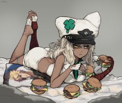 Rule 34 | 1girl, abstract background, animal hat, arm belt, armpit peek, artist name, ass, bandaged arm, bandaged foot, bandaged leg, bandages, black shirt, body pillow, breasts, burger, cat hat, censored, character print, clover, collared jacket, collared shirt, crop top, dakimakura (object), dark-skinned female, dark skin, eyes visible through hair, feet, fingerless gloves, food in mouth, four-leaf clover, gloves, green shirt, grey background, guilty gear, guilty gear strive, hair between eyes, hat, hat belt, highres, illenn, jacket, legs up, long bangs, long hair, looking at viewer, lying, medium breasts, messy, messy hair, mosaic censoring, on bed, on stomach, parted lips, pillow, ramlethal valentine, shaded face, shamrock, shirt, shorts, simple background, sin kiske, single fingerless glove, sleeveless, sleeveless jacket, sleeveless shirt, slit pupils, soles, solo, teeth, the pose, toes, too many, too much food, tsurime, twitter username, white gloves, white hair, white hat, white jacket, white shorts, yellow eyes