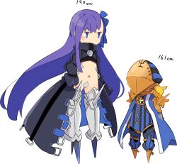 Rule 34 | 1boy, 1girl, avicebron (fate), blonde hair, blue eyes, cape, commentary, crotch plate, fate/grand order, fate (series), height difference, highres, long coat, long hair, mask, meltryllis (fate), navel, pekeko (pepekekeko), purple hair, sleeves past wrists, spikes, trait connection, very long hair
