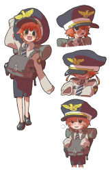 Rule 34 | 1boy, 999knight, adjusting clothes, adjusting headwear, black eyes, blush, hat, hat over eyes, loafers, looking at viewer, military hat, necktie, open mouth, original, oversized clothes, red hair, shoes, shorts, simple background, sleeves past wrists, solo, striped, striped necktie, uniform, white background