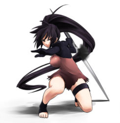 Rule 34 | artist request, barefoot, black hair, breasts, brown eyes, character request, copyright request, covered erect nipples, dagger, gloves, knife, large breasts, long hair, ninja, ponytail, source request, sword, thighs, throwing, toeless legwear, toes, weapon