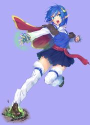 Rule 34 | 1girl, :o, blue background, blue eyes, blue hair, blue skirt, brown footwear, cape, capelet, clenched hand, crescent, crescent hair ornament, fingerless gloves, full body, gloves, hair ornament, kyougoku touya, looking at viewer, open mouth, pointy ears, red cape, rena lanford, serious, shirt, shoes, short hair, skirt, solo, standing, standing on one leg, star ocean, star ocean the second story, thighhighs, white shirt, white thighhighs