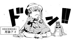Rule 34 | 1girl, collared dress, copyright name, dress, food in mouth, full body, greyscale, hair between eyes, hat, head tilt, headset, heart, highres, kindergarten uniform, long hair, long sleeves, looking away, looking to the side, monochrome, mouth hold, neon-tetora, no shoes, school hat, sitting, sleeves past fingers, sleeves past wrists, socks, solo, stuffed animal, stuffed rabbit, stuffed toy, sunglasses, translation request, tsukuyomi ai, twintails, very long hair, voiceroid
